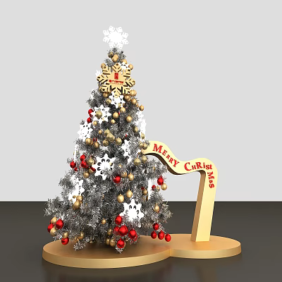 Festive Christmas Tree Decorated With Gold Red Ornaments Snowflake And Merry Christmas Arch 3d model