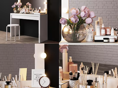 Stylish Dressing Table With Mirror Stool Pink Flowers Skincare Bottles And Makeup Brushes 3d model