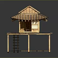 Cartoon Scene Of Traditional Japanese Wooden Hut With Tiled Roof Platform And Stairs