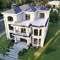 Elegant Two Story Detached Villa With Light Colored Exterior Balcony Large Windows And Green Lawn