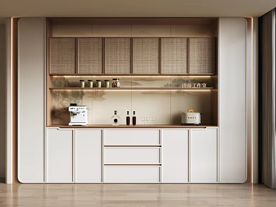 Modern Buffet Cabinet With White Doors Woven Texture Cabinets Open Shelf Coffee Machine Wine Bottles 3d model