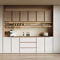 Modern Buffet Cabinet With White Doors Woven Texture Cabinets Open Shelf Coffee Machine Wine Bottles