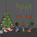Decorated Christmas Trees With Ornaments Garlands And Gift Boxes On Wooden Deck