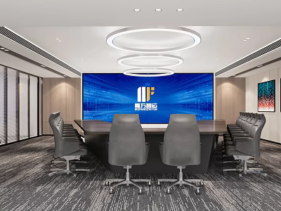 Modern Conference Room With Long Meeting Table Ergonomic Chairs Digital Display And Round Lights 3d model