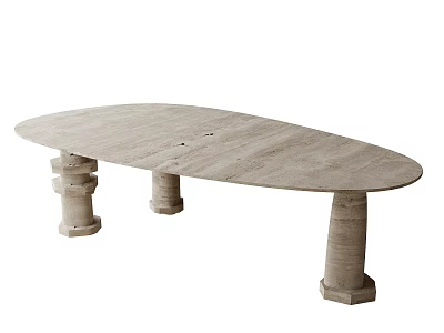 Elegant Oval Shaped Stone Dining Table With Three Sturdy Column Legs For Modern Home Interior 3d model