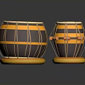 Household Items Two Drums With Yellow Brown Stripes White Top Blue Dot And Orange Balls