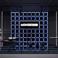 MONGEESE Display Area With Mouse Doll Musical Instruments And Blue Lit Square Wall
