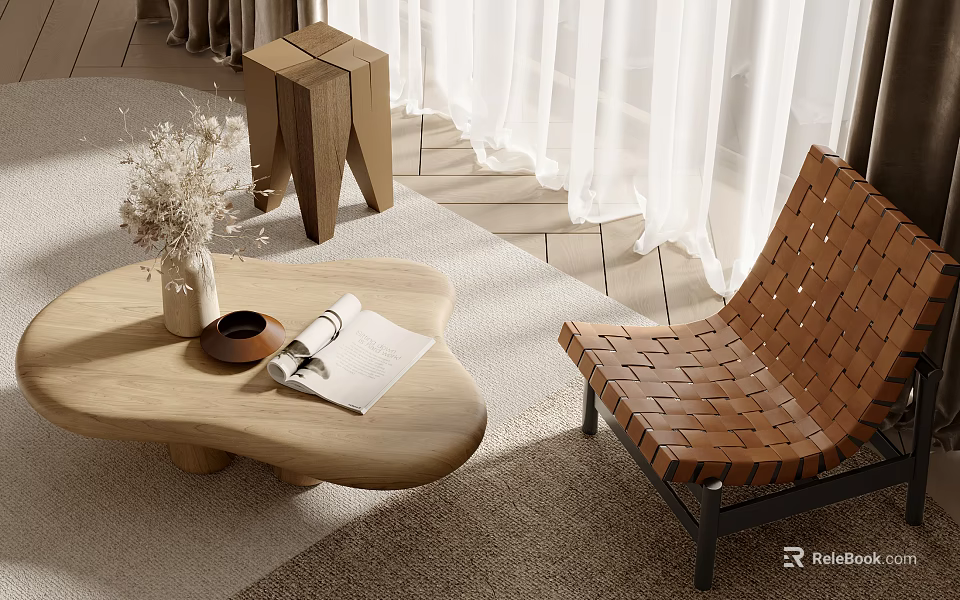 Brown Woven Leisure Chair In Living Room With Wooden Coffee Table And Magazine 3d model 