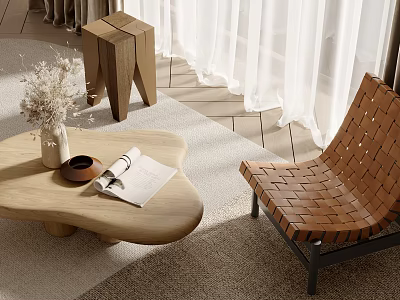 Brown Woven Leisure Chair In Living Room With Wooden Coffee Table And Magazine 3d model