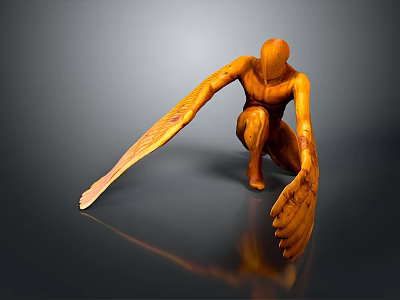 Orange Humanoid Decorative Sculpture With Wings In Crouching Pose On Smooth Surface 3d model