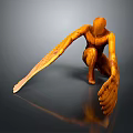 Orange Humanoid Decorative Sculpture With Wings In Crouching Pose On Smooth Surface