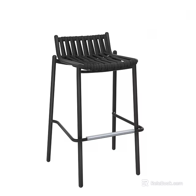 Modern Black Bar Stool With Woven Backrest And Sturdy Metal Frame Design 3d model 