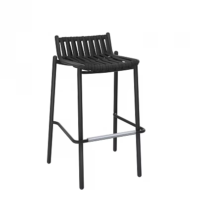 Modern Black Bar Stool With Woven Backrest And Sturdy Metal Frame Design 3d model