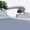 Modern Curved Entrance Gate With Trees And Low White Walls