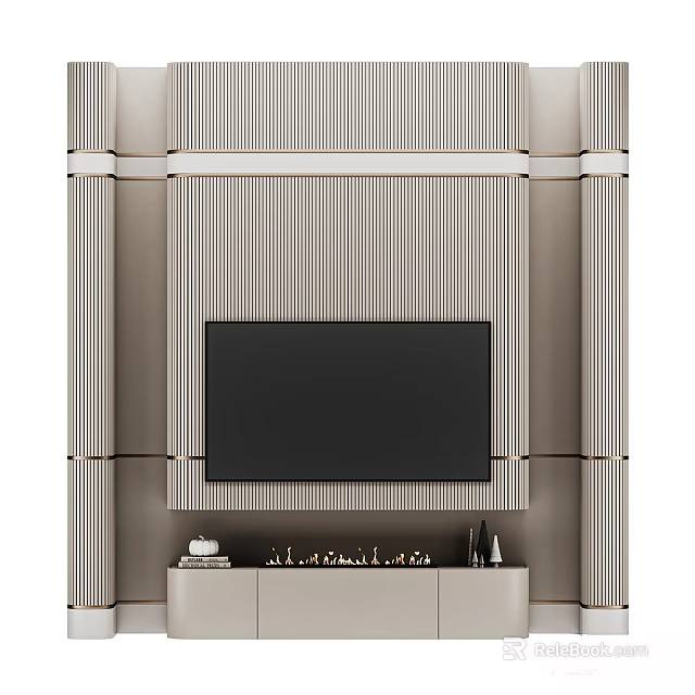Modern Light Color TV Wall With Vertical Stripe Design And Console Table Decor 3d model