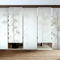 Traditional Room Divider Screen With Bamboo Pattern On Frosted Glass Panels