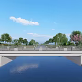 Serene Garden Landscape With Blue Sky White Clouds Railing Water Area And Green Trees