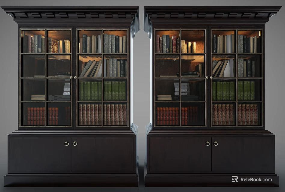Dark Chinese Style Display Cabinets With Glass Doors Books And Lower Handle Cabinets 3d model 