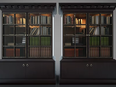 Dark Chinese Style Display Cabinets With Glass Doors Books And Lower Handle Cabinets 3d model