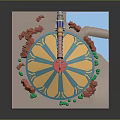 Cosmic Space Station Round Module With Blue Yellow Stripes Green Circular Decor And Red Observation Tower