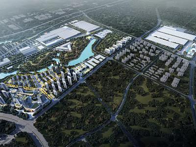 Aerial View Master Plan with Residential Buildings Industrial Facilities Green Spaces and Water Channel 3d model