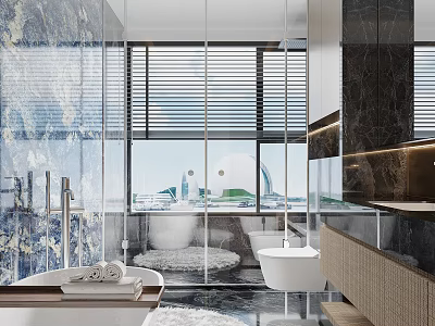 Modern Luxury Bathroom Interior With Marble Finishes Freestanding Tub And Bright Large View Window 3d model
