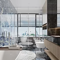 Modern Luxury Bathroom Interior With Marble Finishes Freestanding Tub And Bright Large View Window