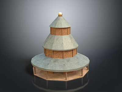 Scenic Landscape Featuring Traditional Three Tiered Dome Tower With Brick Wall And Gray Roof 3d model