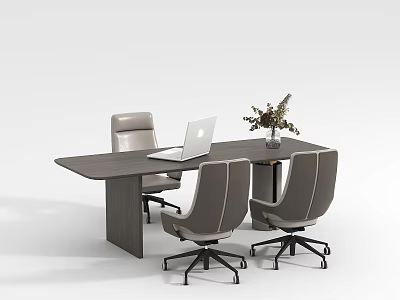 Modern Office Desk Setup With Gray Chairs Laptop And Vase With Flowers 3d model