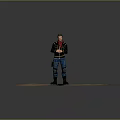 Adventurer In Black Yellow Striped Jacket Red Scarf Standing With Wolf On Sandy Ground