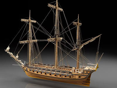 Detailed Wooden Vintage Sailing Ship Model With Multiple Masts And Intricate Rigging 3d model