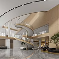 Modern Front Desk Reception Lobby With Spiral Staircase Large Windows And Marble Flooring