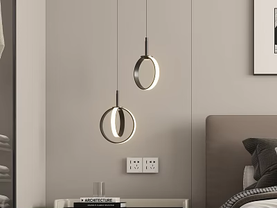 Modern Circular Pendant Lights In Bedroom With Nightstand Books And Glass 3d model