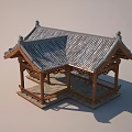 Classic Traditional Chinese Wooden Pavilion With Ornate Carved Roof And Benches