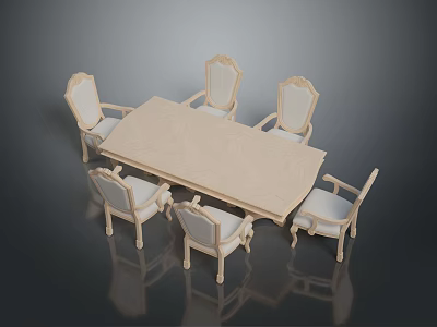 Classic Light Colored Dining Table Set Featuring Six Ornate Carved Chairs 3d model
