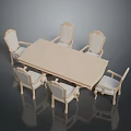 Classic Light Colored Dining Table Set Featuring Six Ornate Carved Chairs 3d model
