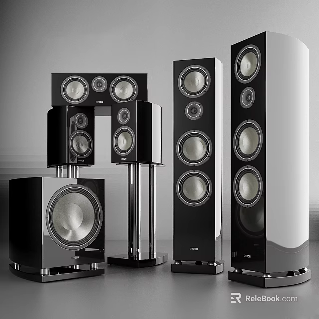 Modern Audio Speaker System With Various Types Sleek Black Design And Metal Stands 3d model 