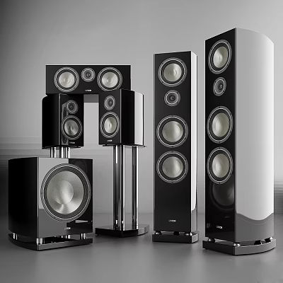 Modern Audio Speaker System With Various Types Sleek Black Design And Metal Stands 3d model