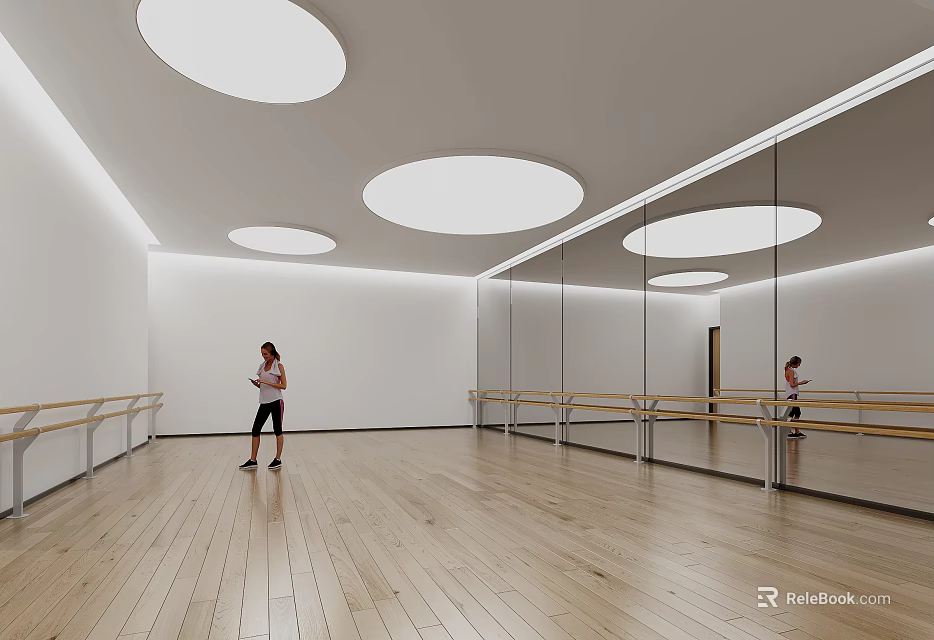 Modern Dance Practice Room With Mirrors Ballet Barres And Wooden Floor 3d model 