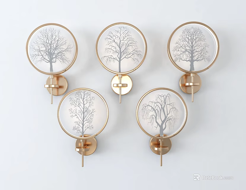 Modern Round Frame Wall Lamps With Tree Pattern And Gold Base Decorative Lighting 3d model