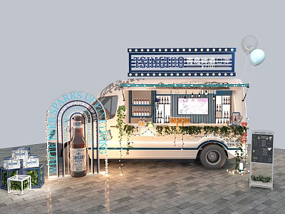 Mobile Fresh Brew Cart With Archway Plants Balloons And Seating Area 3d model