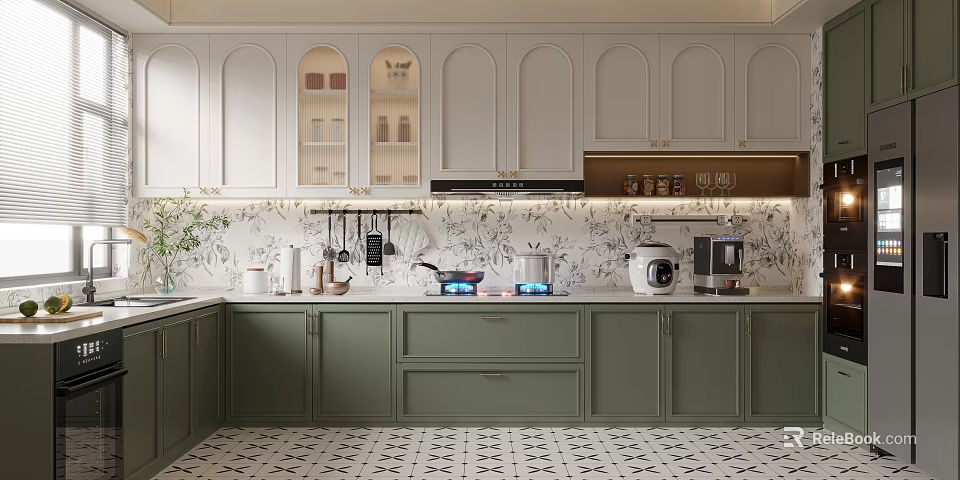 Kitchen With Arched Doors White Upper Green Lower Cabinets White Countertop Patterned Tile And Appliances 3d model 