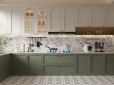 Kitchen With Arched Doors White Upper Green Lower Cabinets White Countertop Patterned Tile And Appliances 3d model