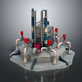 Industrial Mechanical Equipment With Tall Cylindrical Structures Multiple Pipes Red Valves And Hexagonal Base 3d model
