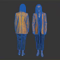 Woman In Orange Blazer And Black Pants Front And Back View On Gray Background