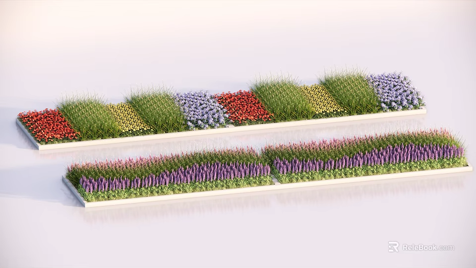Vibrant Flower Planters With Mixed Colorful Flowers Arranged In Neat Rows 3d model 