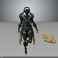 Futuristic Character with Blue Orange Armor Wielding Skeletal Creature Weapon in Dynamic Pose