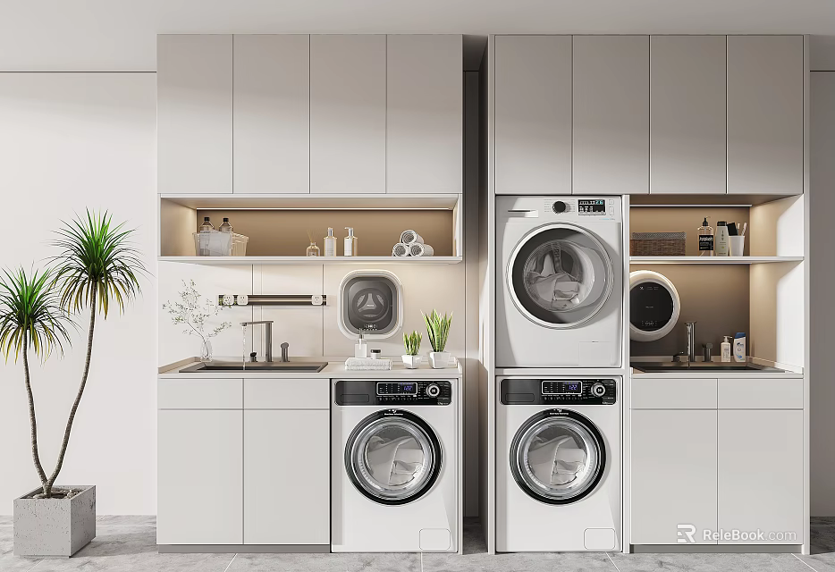Modern Bathroom Cabinetry With Washing Machine Dryer Sink And Potted Plant 3d model 