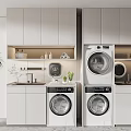 Modern Bathroom Cabinetry With Washing Machine Dryer Sink And Potted Plant
