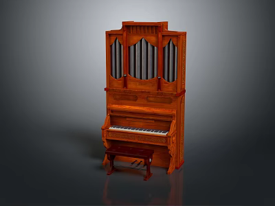 Classic Wooden Upright Piano With Decorative Vertical Slats And Matching Bench 3d model